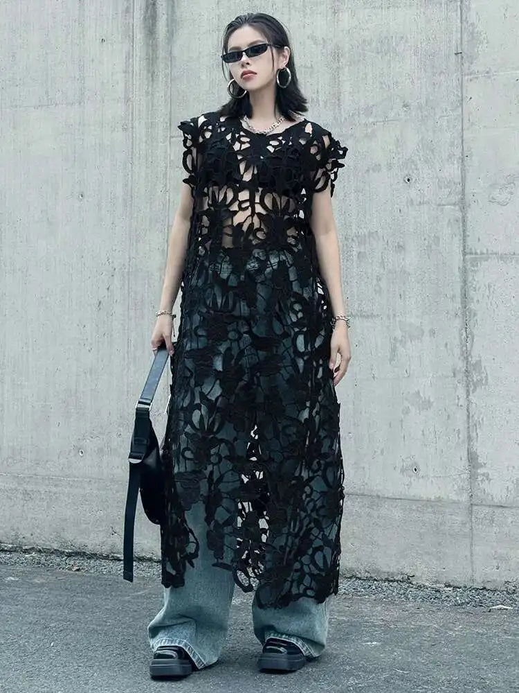 Women Black Lace Hollow Out Perspective Big Size Dress New Round Neck Sleeveless Fashion Tide Spring Summer 2025 1DJ0243