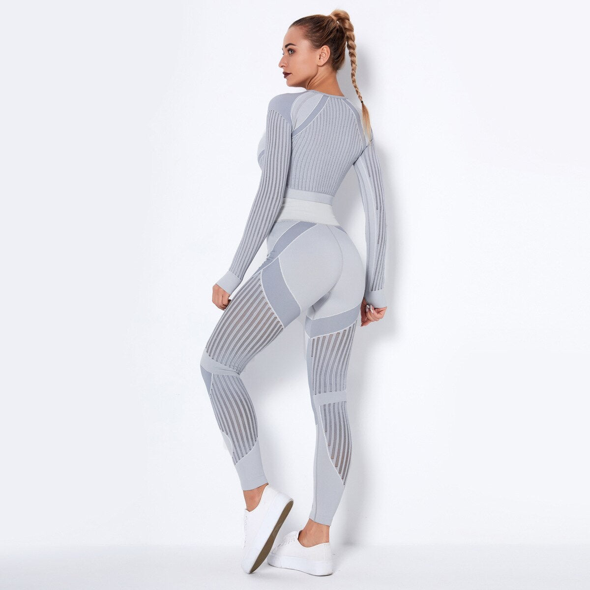 Seamless Gym Set Women Sexy Patchwork Mesh 2 Piece Yoga Set Fitness Long Sleeve Crop Top Sports Leggings Outfits Workout Clothes
