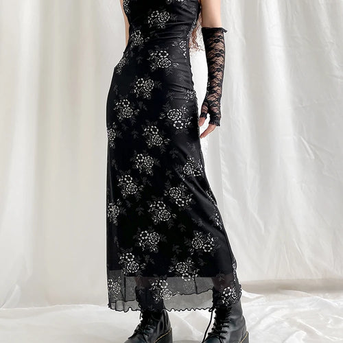 Load image into Gallery viewer, Gothic Grunge Floral Print Slip Mesh Dress Long Ladies Fashion Chic Y2K Double Layer Sexy Maxi Dresses 90s Aesthetic
