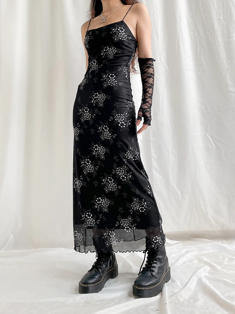 Gothic Grunge Floral Print Slip Mesh Dress Long Ladies Fashion Chic Y2K Double Layer Sexy Maxi Dresses 90s Aesthetic