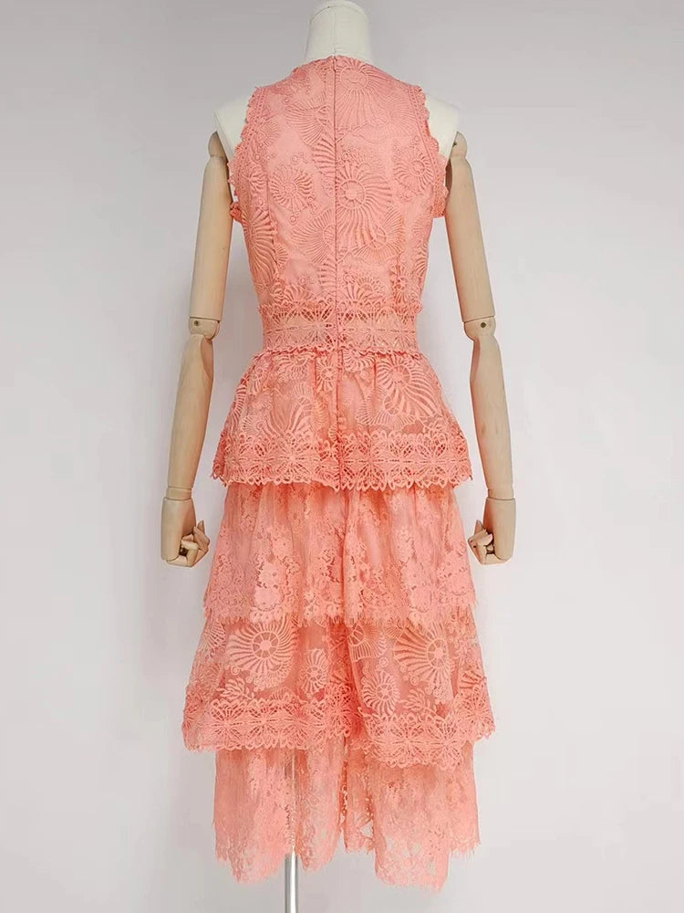 Vintage Patchwork Lace Dress For Women Round Neck Sleeveless High Waist Cascading Ruffle Dresses Female 2022 Spring Clothing