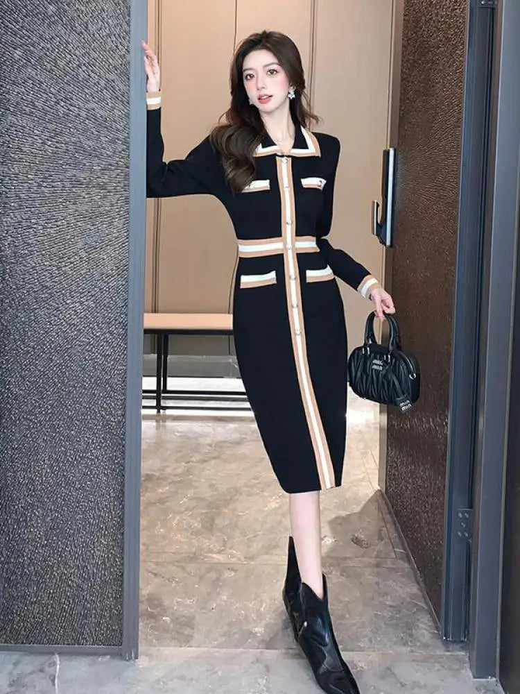 Autumn Winter French Black Patchwork Striped Long Sleeves Knitted Dresses Women's Elegant Single Breasted Holiday Wrap Hip Dress