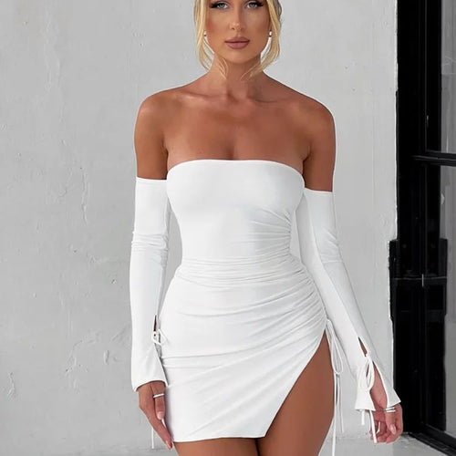 Load image into Gallery viewer, Sexy Off Shoulder Long Sleeve Pleated Tight Fit Dress Women Lace Up Split Transparent Dress Party Club Evening Vestidos
