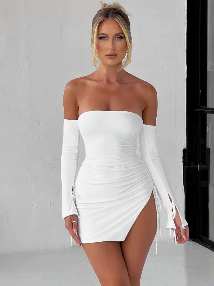 Sexy Off Shoulder Long Sleeve Pleated Tight Fit Dress Women Lace Up Split Transparent Dress Party Club Evening Vestidos
