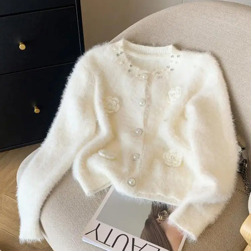 Load image into Gallery viewer, Autumn Winter Sweet Vintage Black White Pearl Knitted Cardigan Top French Fashion Women Single Breasted Long Sleeve Mink Sweater
