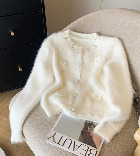 White Elegant O-neck Single-breasted Pearl Button Knit Sweater Autumn Winter Black Loose Imitation Mink Velvet 3d Flower Top New