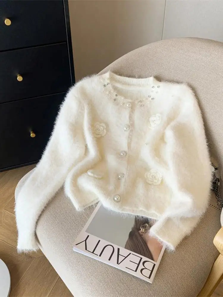 White Elegant O-neck Single-breasted Pearl Button Knit Sweater Autumn Winter Black Loose Imitation Mink Velvet 3d Flower Top New