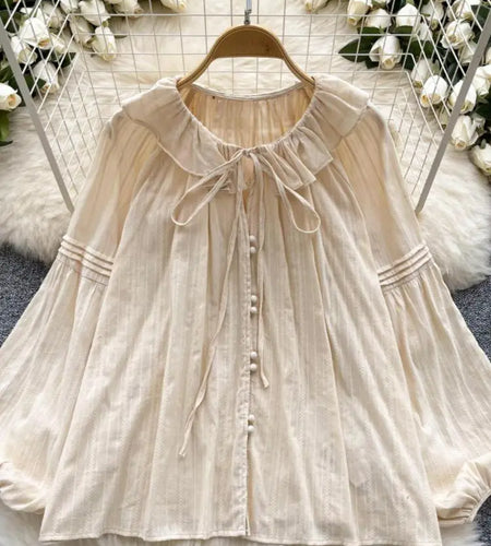 French Woman Solid Long Sleeve Lace-up Shirt Ladies Sweet Ruffle Edges Blouse Autumn Fashion New Single Breasted Short Tops Chic