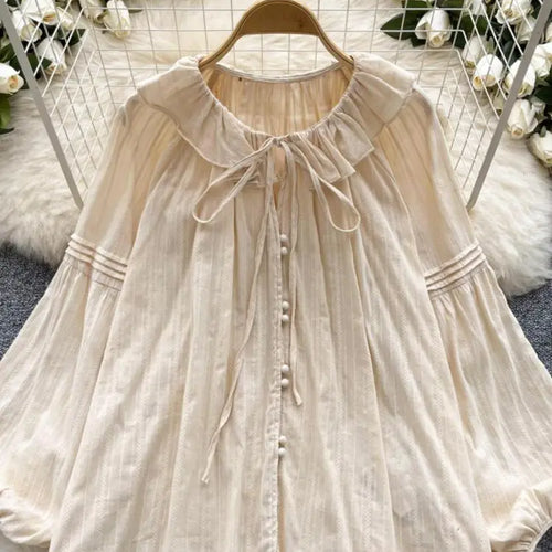 Load image into Gallery viewer, French Woman Solid Long Sleeve Lace-up Shirt Ladies Sweet Ruffle Edges Blouse Autumn Fashion New Single Breasted Short Tops Chic
