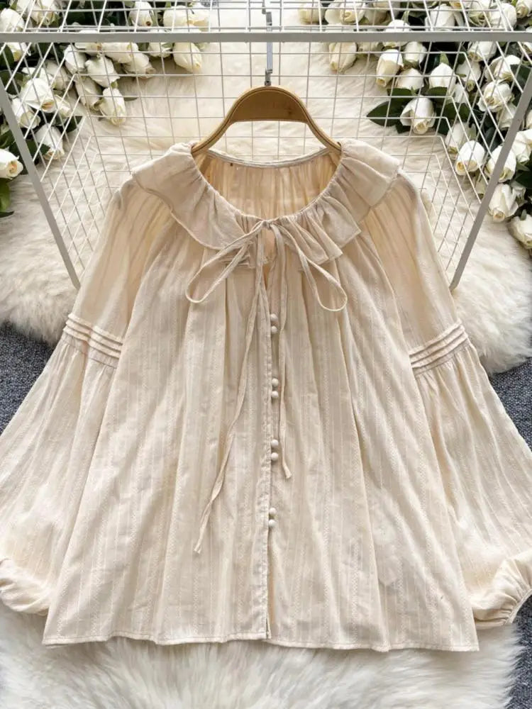 French Woman Solid Long Sleeve Lace-up Shirt Ladies Sweet Ruffle Edges Blouse Autumn Fashion New Single Breasted Short Tops Chic