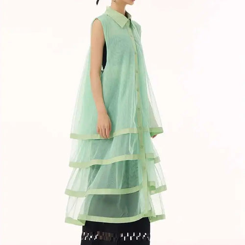 Load image into Gallery viewer, Women Black Layers Mesh Big Size Midi Vest Shirt Dress New Lapel Sleeveless Fashion Tide Spring Summer 2025 1DH9472

