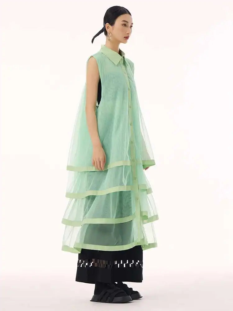 Women Black Layers Mesh Big Size Midi Vest Shirt Dress New Lapel Sleeveless Fashion Tide Spring Summer 2025 1DH9472