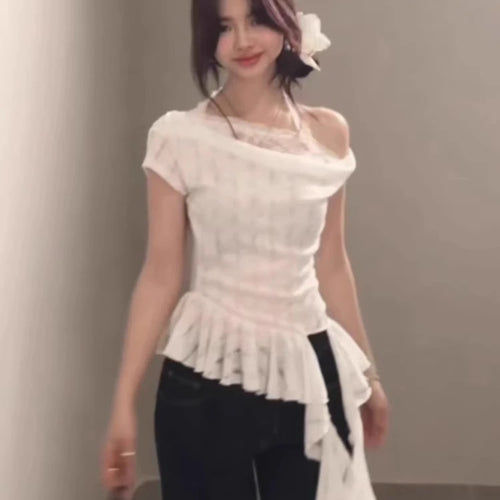 Load image into Gallery viewer, Y2k Aesthetic Lace Patchwork Slim Tshirts Women Harajuku Skew Collar Halter T-shirt 2025 Streetwear Irregular Ruffled Tees Femme
