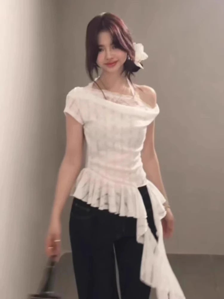 Y2k Aesthetic Lace Patchwork Slim Tshirts Women Harajuku Skew Collar Halter T-shirt 2025 Streetwear Irregular Ruffled Tees Femme