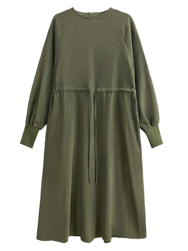 Women Army Green Big Size A-line Long Dress New Round Neck Long Sleeve Loose Fashion Tide Spring Autumn 2025 1DH3874