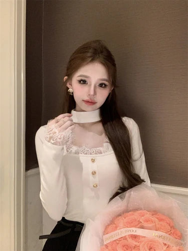 Patchwork Lace Elegant Sweet Tshirts Women Chic Sweet Y2k Slim Button Tees Square Collar Bottoming Vintage Long Sleeve Crop Top
