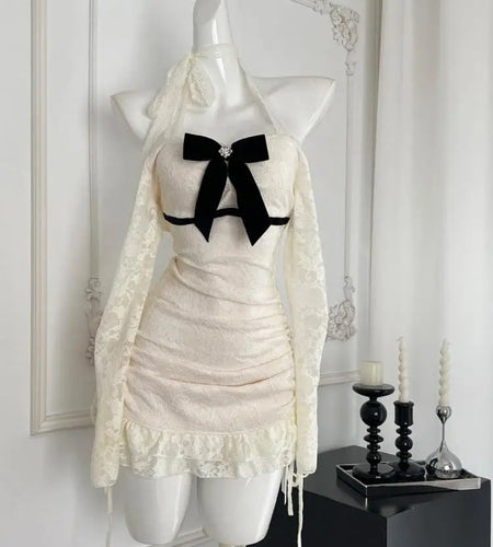 Autumn Winter Fashion Beige Lace Elegant Slim Birthday Party Dresses For Women's New Long Sleeves Ruffles Bow Halter Short Dress