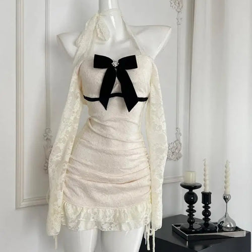 Load image into Gallery viewer, Autumn Winter Fashion Beige Lace Elegant Slim Birthday Party Dresses For Women's New Long Sleeves Ruffles Bow Halter Short Dress
