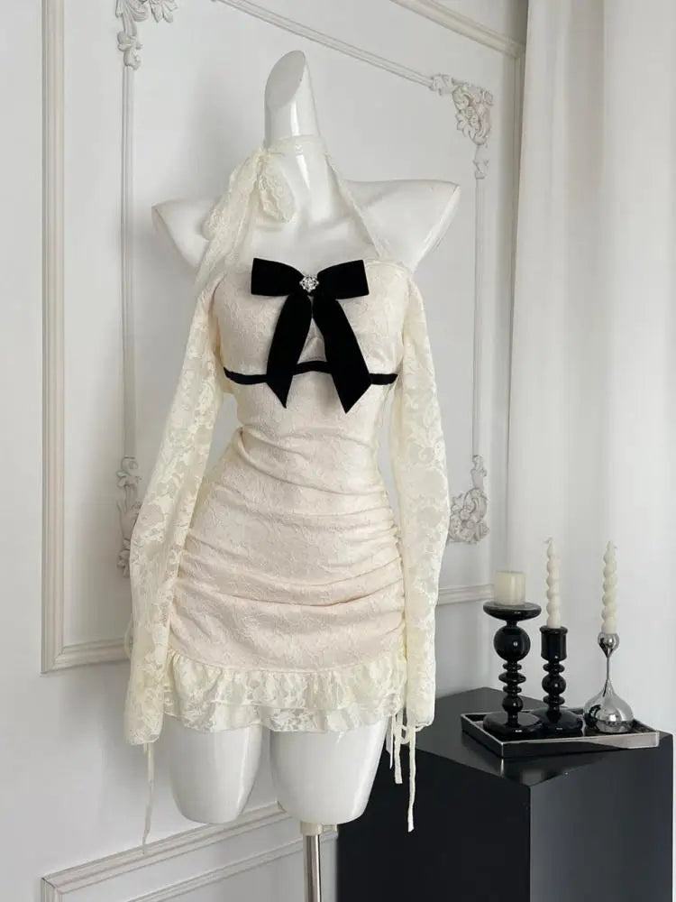 Autumn Winter Fashion Beige Lace Elegant Slim Birthday Party Dresses For Women's New Long Sleeves Ruffles Bow Halter Short Dress