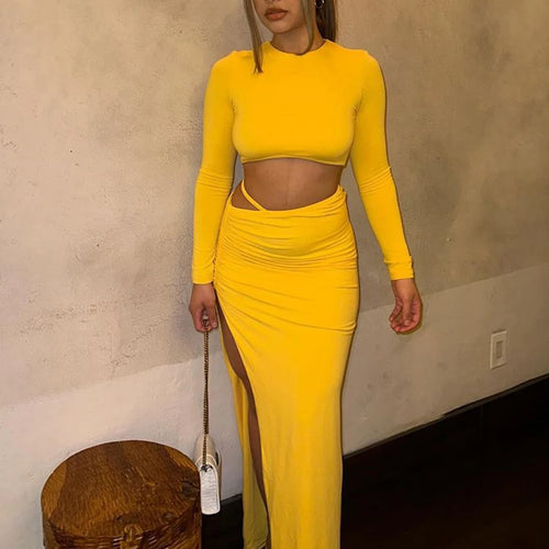 Load image into Gallery viewer, Women Fashion 2 Pcs Sets Long Sleeve Sexy Slim Crop T-Shirt Slit Ruched Maxi Skirt Fall Outfits Birthday Party Festival
