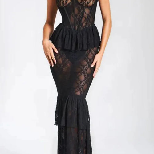 Load image into Gallery viewer, Sexy Lace Sleeveless Slim Fit Dress Women's Open Back Skinny Ruffle Edge Pleated Perspective Dress Party Evening Dress
