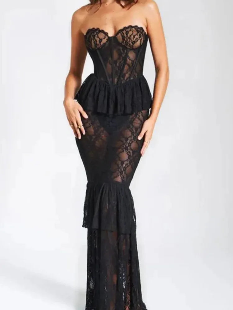 Sexy Lace Sleeveless Slim Fit Dress Women's Open Back Skinny Ruffle Edge Pleated Perspective Dress Party Evening Dress