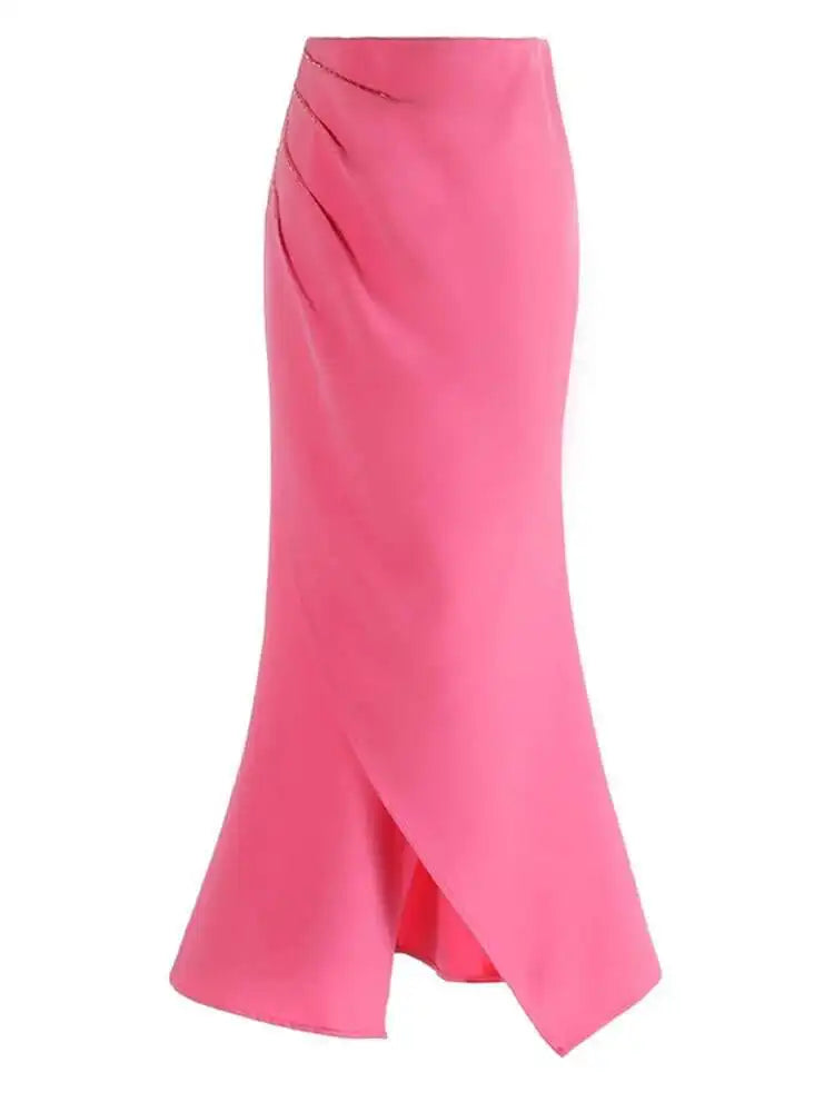 High Waist Rose Red Pleated Nailed Irreuglar Elegant  Half-body Skirt Women Fashion Tide New Spring Autumn 2025 1DH5226