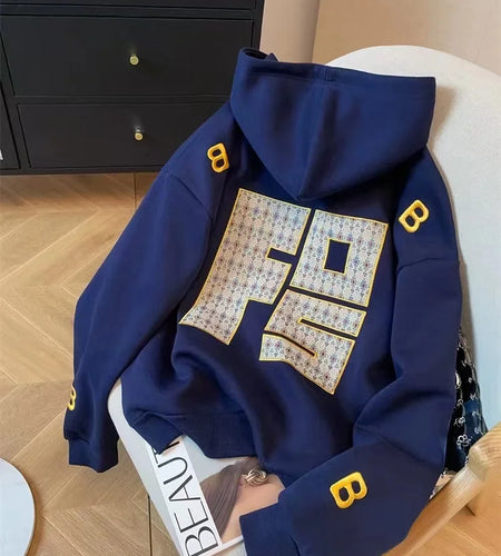 Y2k Women Gray Print Loose Hoodies Long Sleeve Sweatshirt Spring Autumn Blue Letter Embroidery Elegant Pocket Pullover Tops 2024