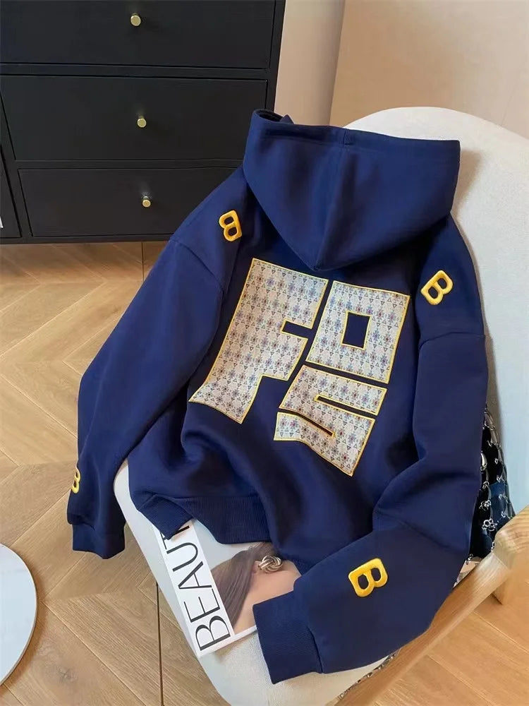 Y2k Women Gray Print Loose Hoodies Long Sleeve Sweatshirt Spring Autumn Blue Letter Embroidery Elegant Pocket Pullover Tops 2024