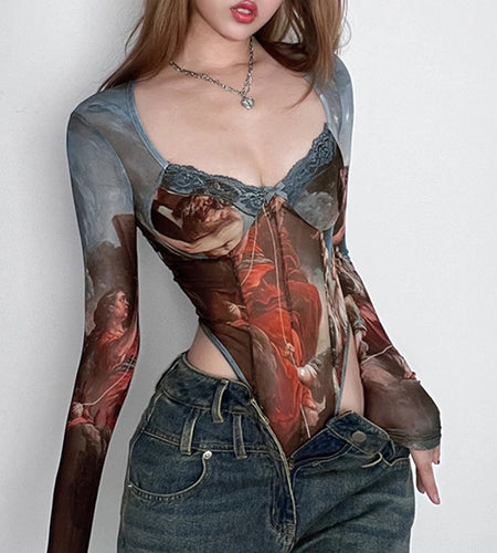 Vintage Fashion Pattern Printed Skinny Mesh Bodycon Women Lace Trim Bow Club Party Sexy Body Catsuit Elegant Outfits