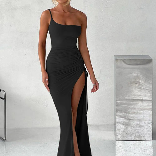 Load image into Gallery viewer, Drawstring High Slit Dress Women Sexy One Shoulder Slim Elastic Maxi Bodycon Party Pleated Vestidos Female Dresses
