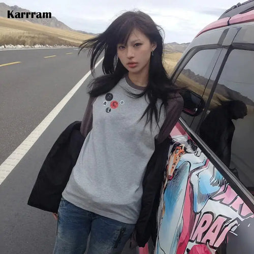 Load image into Gallery viewer, Japanese Y2k Patchwork T-shirt Vintage 2000s Style Knitted Tops 90s Harajuku Long Sleeve Ribbed T Shirt American Retro
