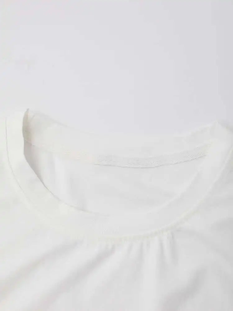 Women White Irreuglar Hem Double Layers Big Size  T-shirt New Round Neck Short Sleeve Fashion Spring Summer 2025 1DH5357