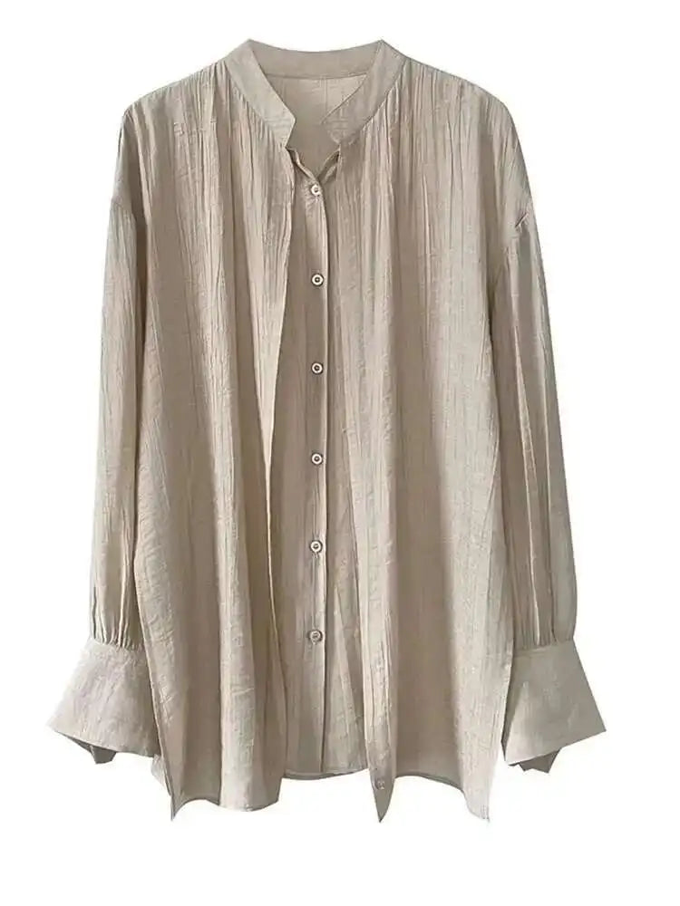 Women Apricot Cross Bandage Blouse New Stand Collar Long Sleeve Loose Fit Shirt Fashion Tide Spring Autumn 2025 1DF1552