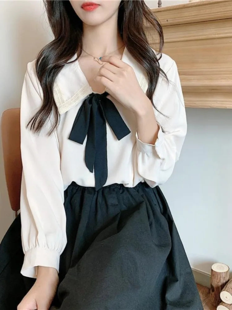 Spring School Student Kawaii Oversized Shirts Women Japanese Harajuku Chiffon Solid Soft Girls Sweet Loose Blouse Top