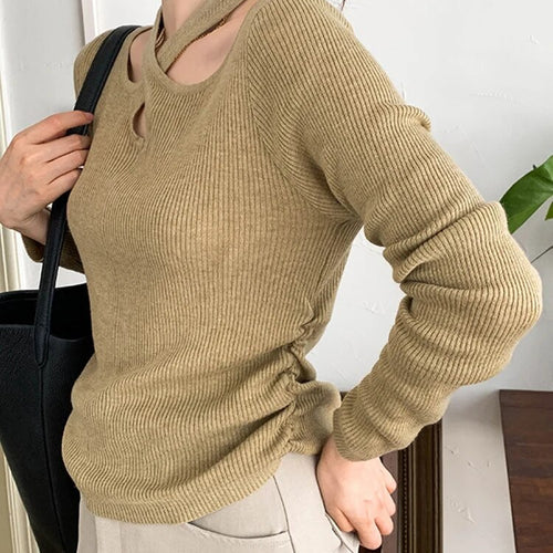 Load image into Gallery viewer, Solid Slimming Knitting Sweaters For Women Halter Long Sleeve Hollow Out Pullover Sweater Female Fashion Clothes
