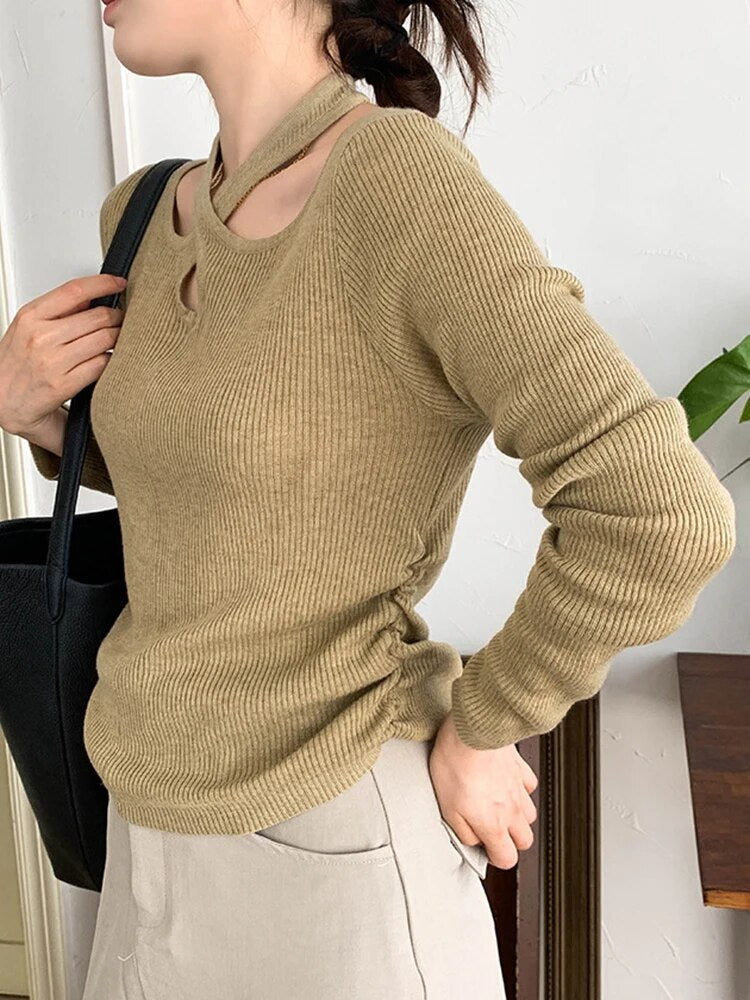 Solid Slimming Knitting Sweaters For Women Halter Long Sleeve Hollow Out Pullover Sweater Female Fashion Clothes