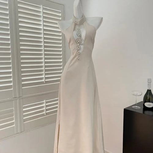 Load image into Gallery viewer, Women Beige Off Shoulder Hollow Out Backless Halter Lace-up Long Dress Summer Sexy Club Elegant Sleeveless Party Evening Dresses
