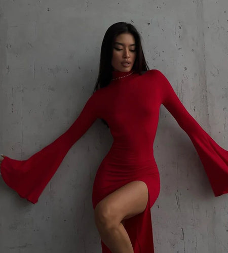 Elegant Solid O-neck Flare Sleeve Side Split Women's Dresses 2024 Spring Sexy Backless Bodycon Party Evening Vestidos