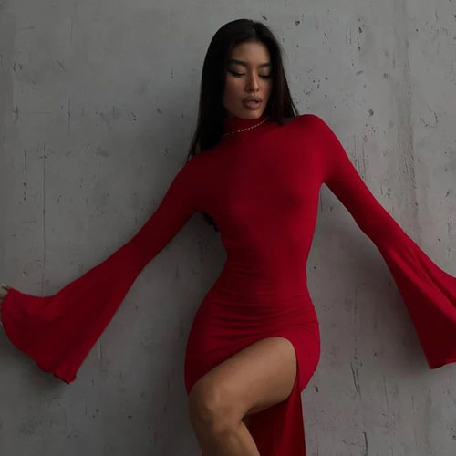 Load image into Gallery viewer, Elegant Solid O-neck Flare Sleeve Side Split Women's Dresses 2024 Spring Sexy Backless Bodycon Party Evening Vestidos
