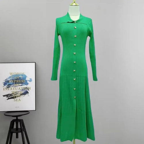 Load image into Gallery viewer, Autumn Winter Solid Elegant Office Lady Knitted Dress Women Slim Long Sleelve Single Breasted Dresses Fashion Simplicity Fashion
