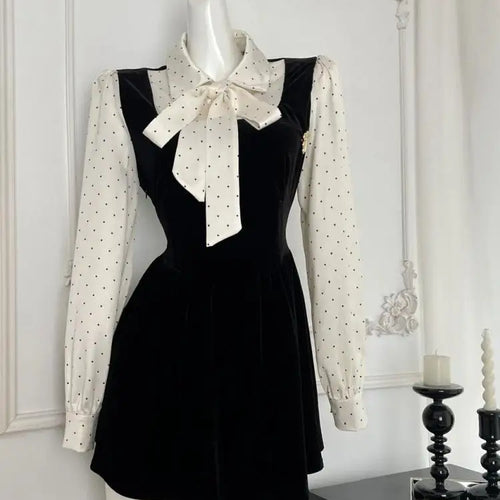Load image into Gallery viewer, Autumn Vintage Black Dot Velvet Patchwork Elegant Long Sleeve Bow Mini Dress French Women Birthday Party Short Dress Fashion New
