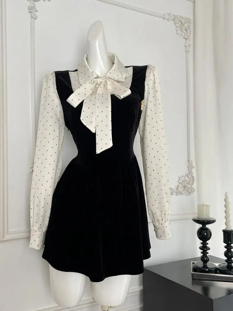 Autumn Vintage Black Dot Velvet Patchwork Elegant Long Sleeve Bow Mini Dress French Women Birthday Party Short Dress Fashion New