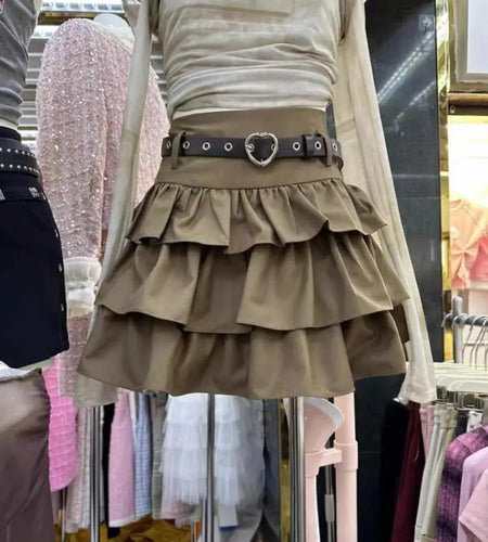 Spring Summer Women Black Brown High Waist Ruffles Cake Short Skirt White Holiday Party Pleated Mini Skirt Ladies Popular French