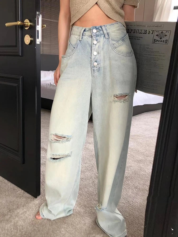 Minimalist Jeans For Women High Waist Patchwork Button Hole Hollow Out Wide Leg Pants Female Fashion Clothing