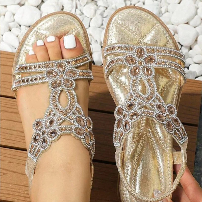 Women's Sandals Bling Bling Crystal Sandals Summer 2025 New Shoes For Women Low Heels Flat Sandalias Mujer Footwear Summer Shoes