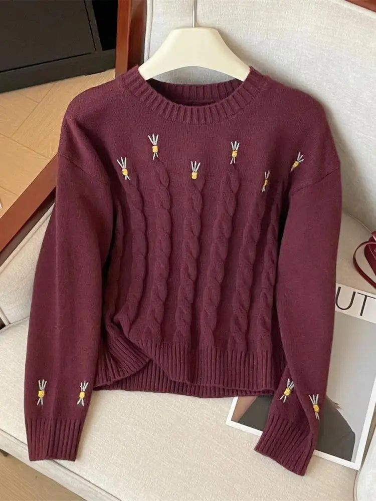 Korean Retro Women's Blue Embroidery Round Neck Vacation Twists Knit Sweater Autumn Winter Red Long Sleeve Fashion Pullover Tops