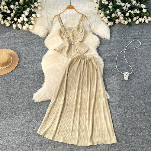 Load image into Gallery viewer, Summer Two Pieces Set Women Solid Sexy Club Elegant Button Backless Short Slip Tops And High Waist Pleated Long Skirt Suit Korea
