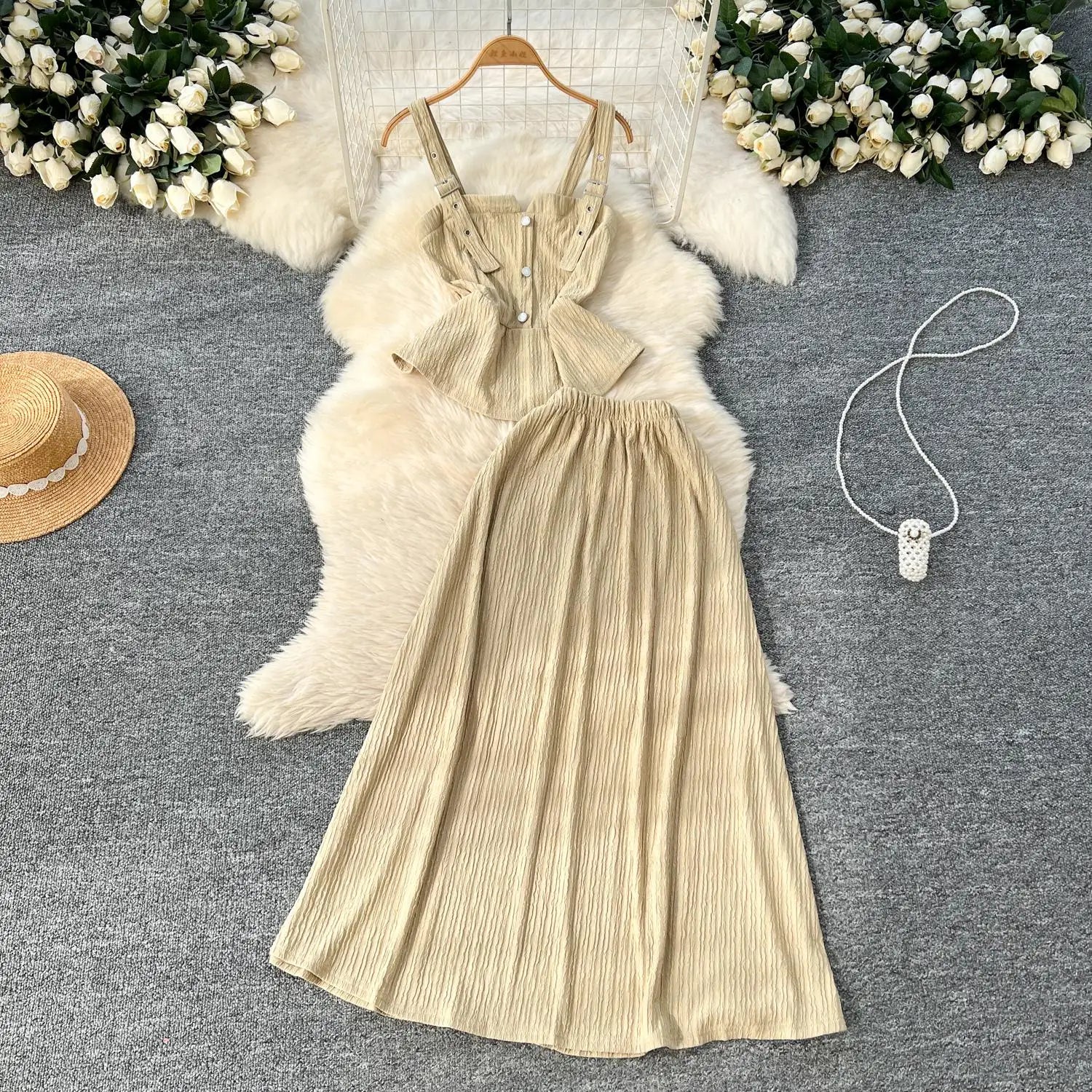 Summer Two Pieces Set Women Solid Sexy Club Elegant Button Backless Short Slip Tops And High Waist Pleated Long Skirt Suit Korea