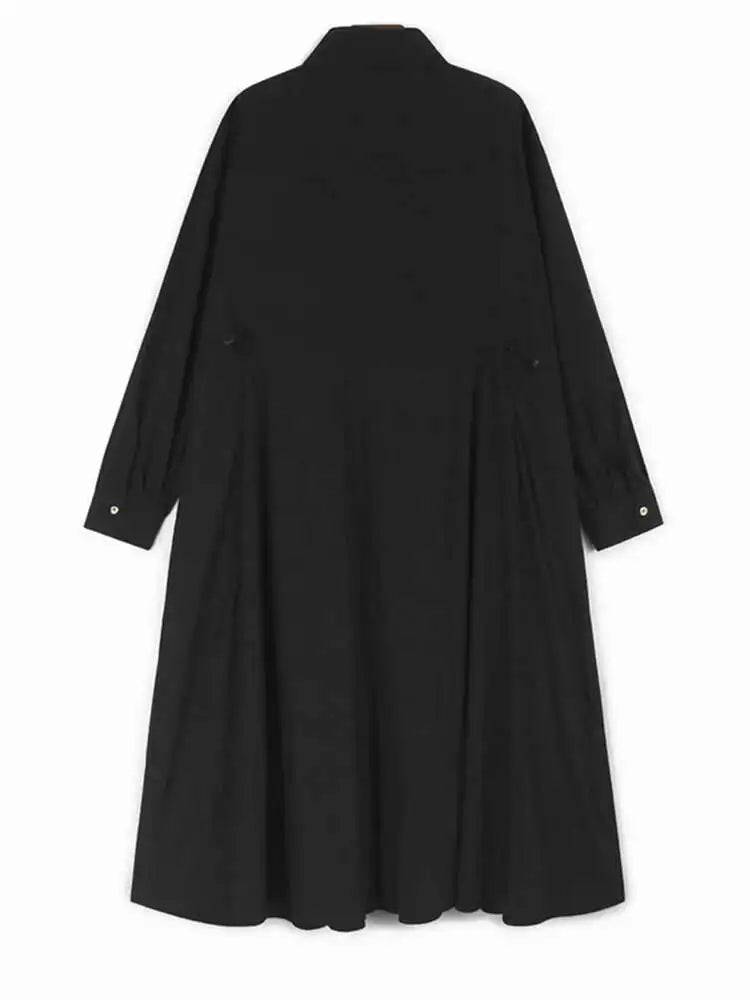 Women Black Big Size Elegant Shirt Dress Brief Pleated Hem New Lapel Long Sleeve Fashion Tide Spring Autumn 2025 1DH9327